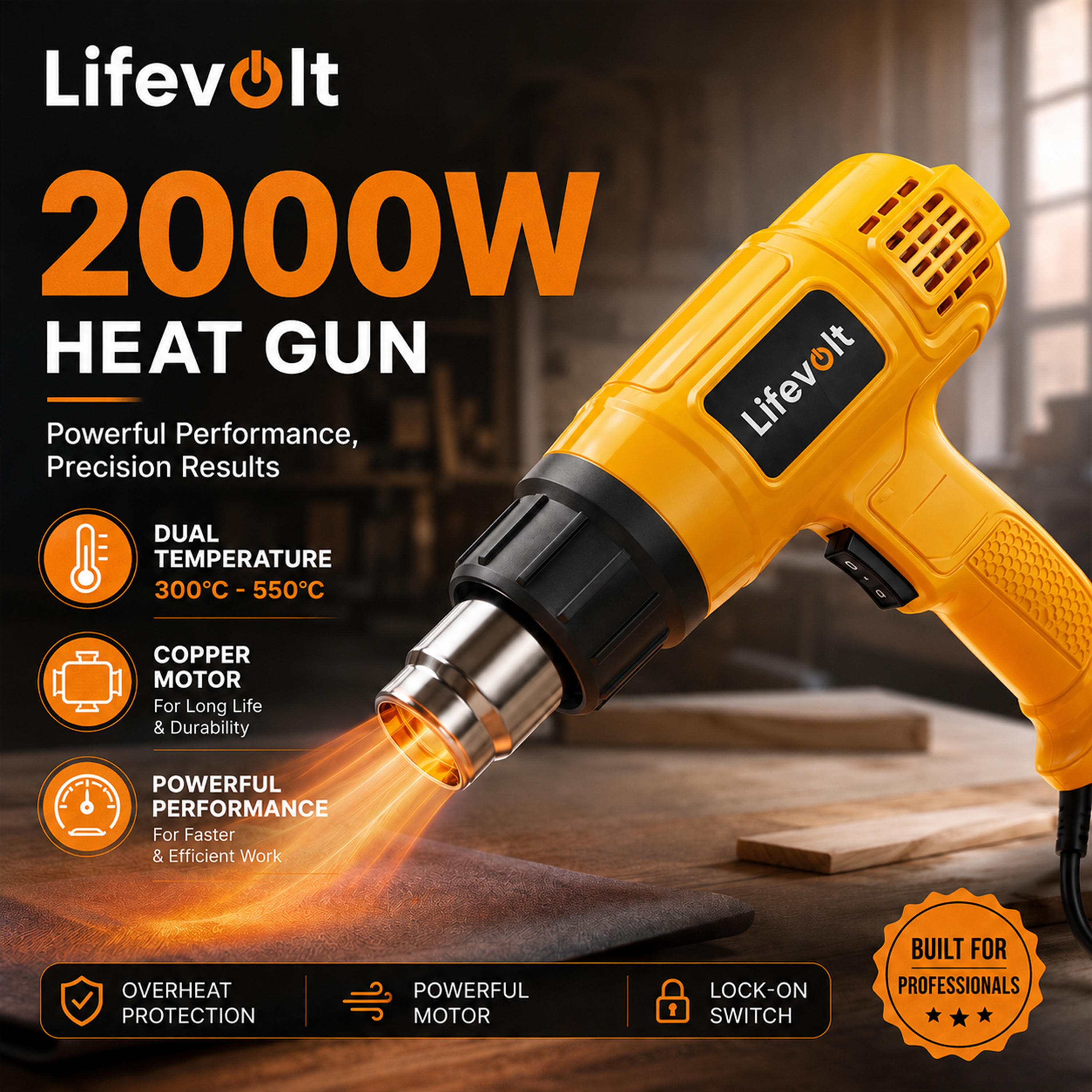 Lifevolt 2000W Heat Gun Hot Air Gun for Paint Removal, Dual Temperature 300°C & 550°C, Pure Copper Motor, Professional Electric Hot Air Gun for Shrink Wrapping, PVC, Crafts & DIY 2