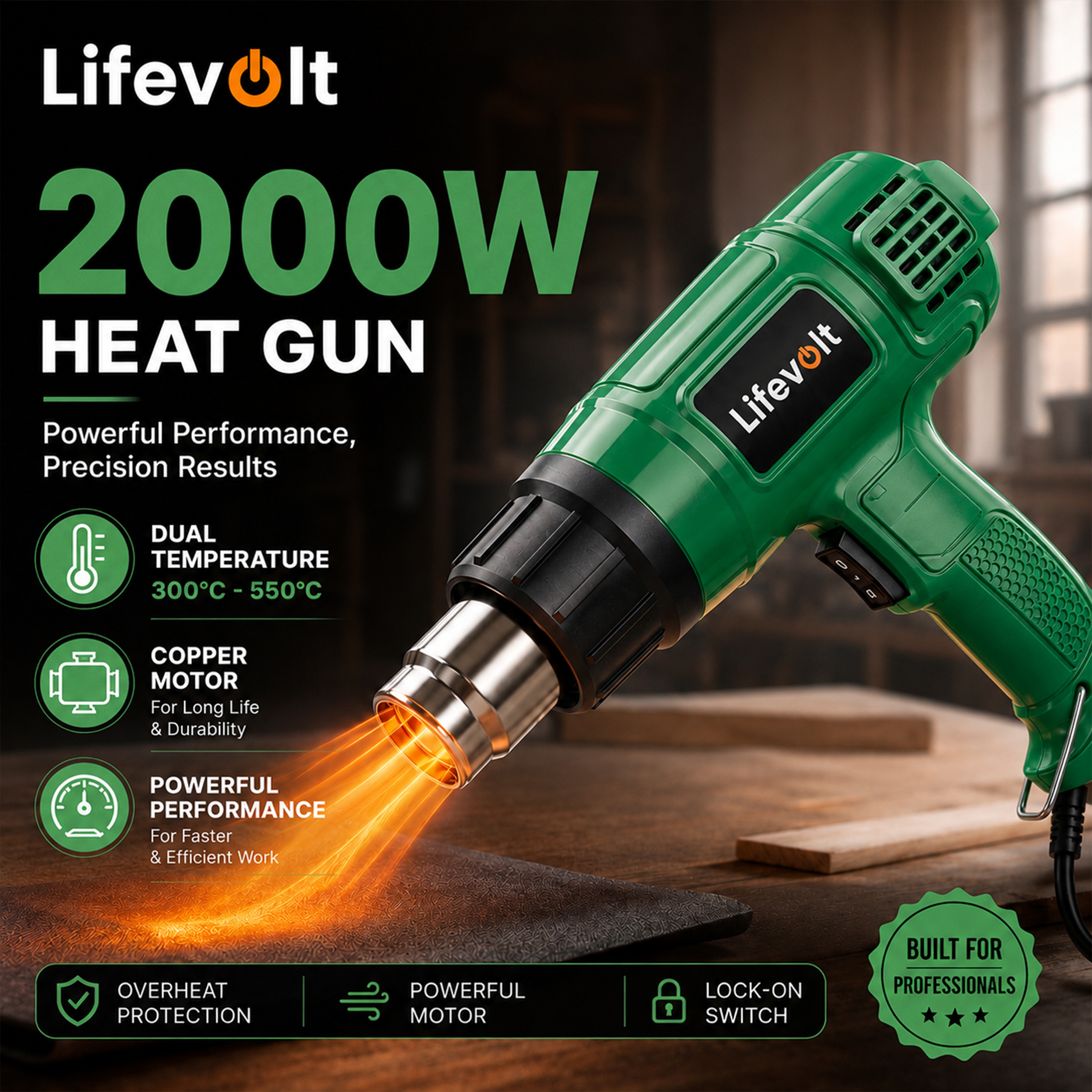 Lifevolt 2000W Heat Gun Hot Air Gun for Paint Removal, Dual Temperature 300°C & 550°C, Pure Copper Motor, Professional Electric Hot Air Gun for Shrink Wrapping, PVC, Crafts & DIY 2