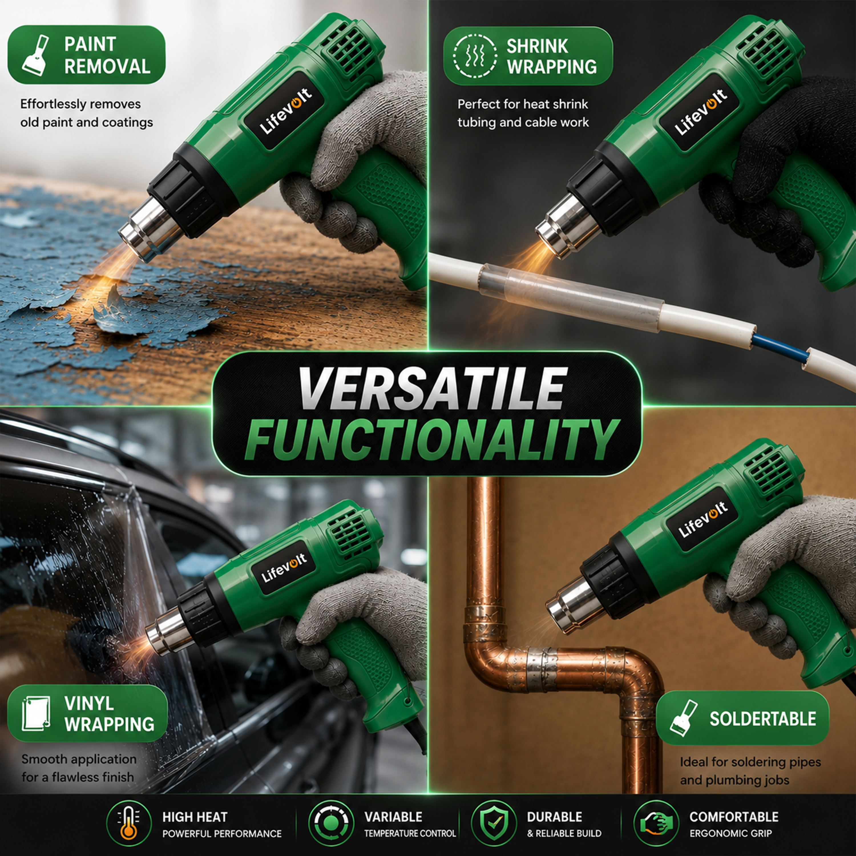 Lifevolt 2000W Heat Gun Hot Air Gun for Paint Removal, Dual Temperature 300°C & 550°C, Pure Copper Motor, Professional Electric Hot Air Gun for Shrink Wrapping, PVC, Crafts & DIY 5