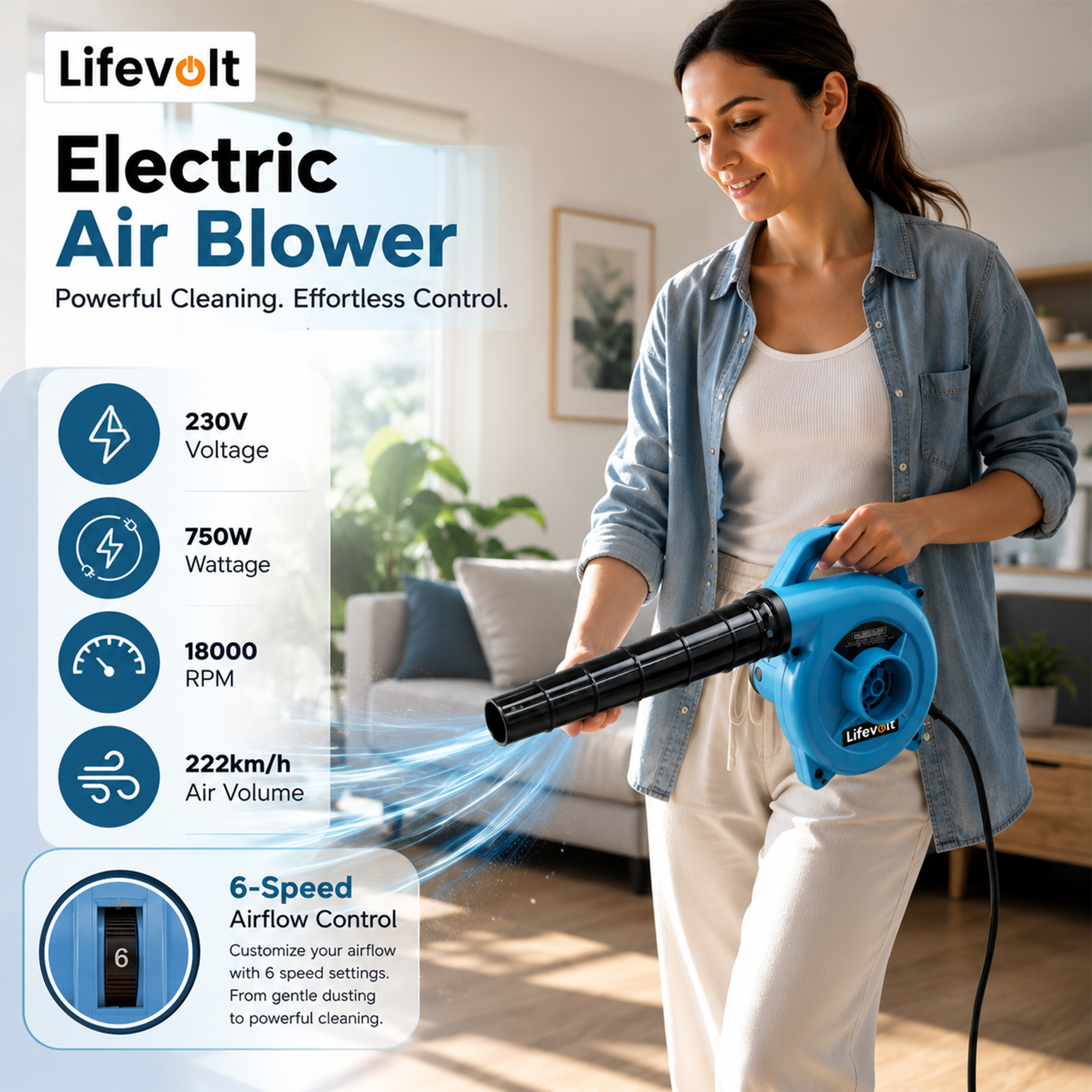 Lifevolt Electric Air Blower Machine 750W High Power / 6 Speed Mode Variable Air Blower for Dust Cleaner for Home with 6 Month Warranty /18000 RPM, 230V, 222 km/h Air Speed / 3 Hours Continuous Working. 2