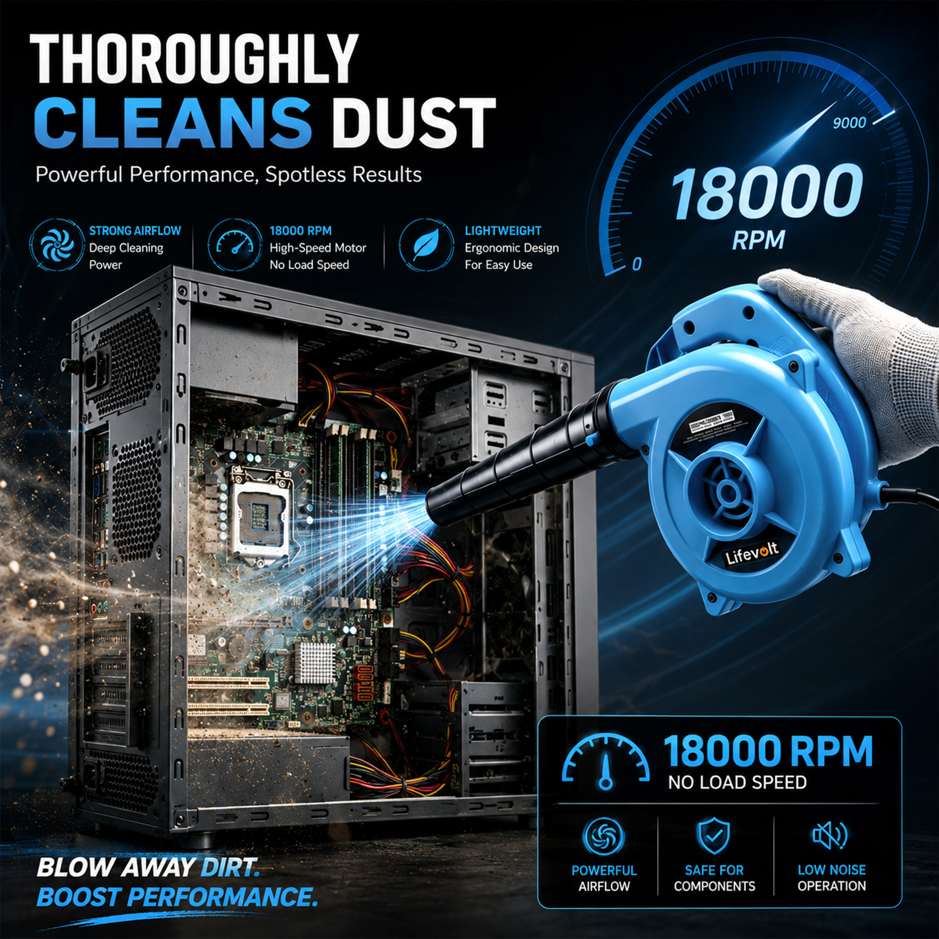Lifevolt Electric Air Blower Machine 750W High Power / 6 Speed Mode Variable Air Blower for Dust Cleaner for Home with 6 Month Warranty /18000 RPM, 230V, 222 km/h Air Speed / 3 Hours Continuous Working. 4