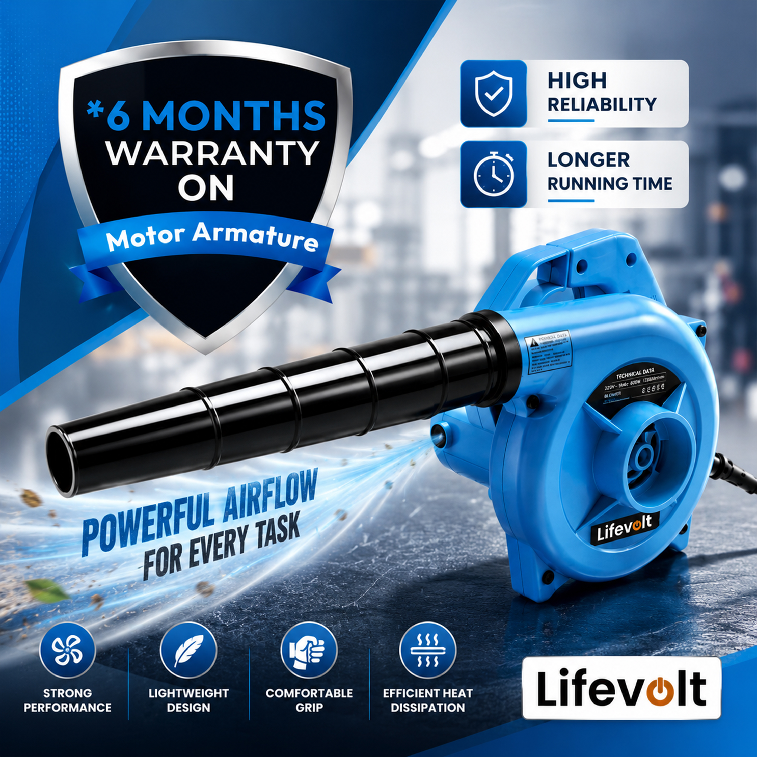 Lifevolt Electric Air Blower Machine 750W High Power / 6 Speed Mode Variable Air Blower for Dust Cleaner for Home with 6 Month Warranty /18000 RPM, 230V, 222 km/h Air Speed / 3 Hours Continuous Working. 7