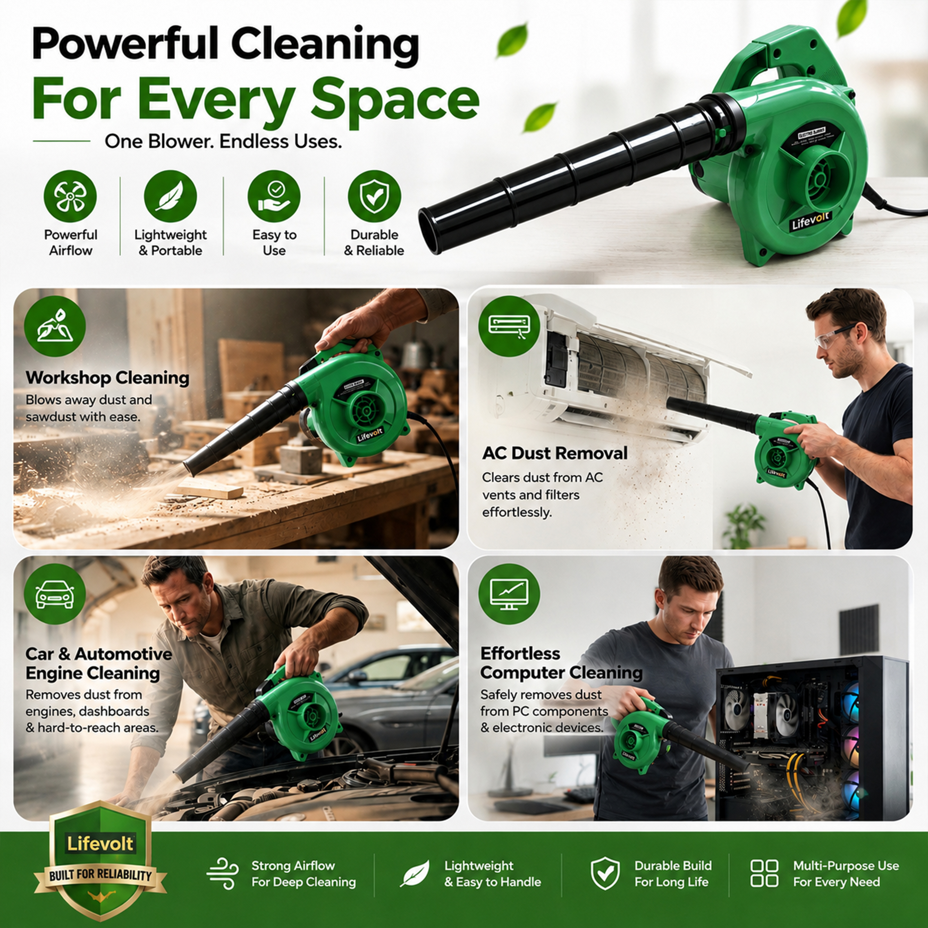 LIfevolt 600W Air Blower for Dust Cleaner for Home | 15000 RPM High-Speed Electric Air Blower with Copper Motor | Blower for Cleaning Home, Office, Car, Computer etc. | Portable Dust Cleaning Machine 4