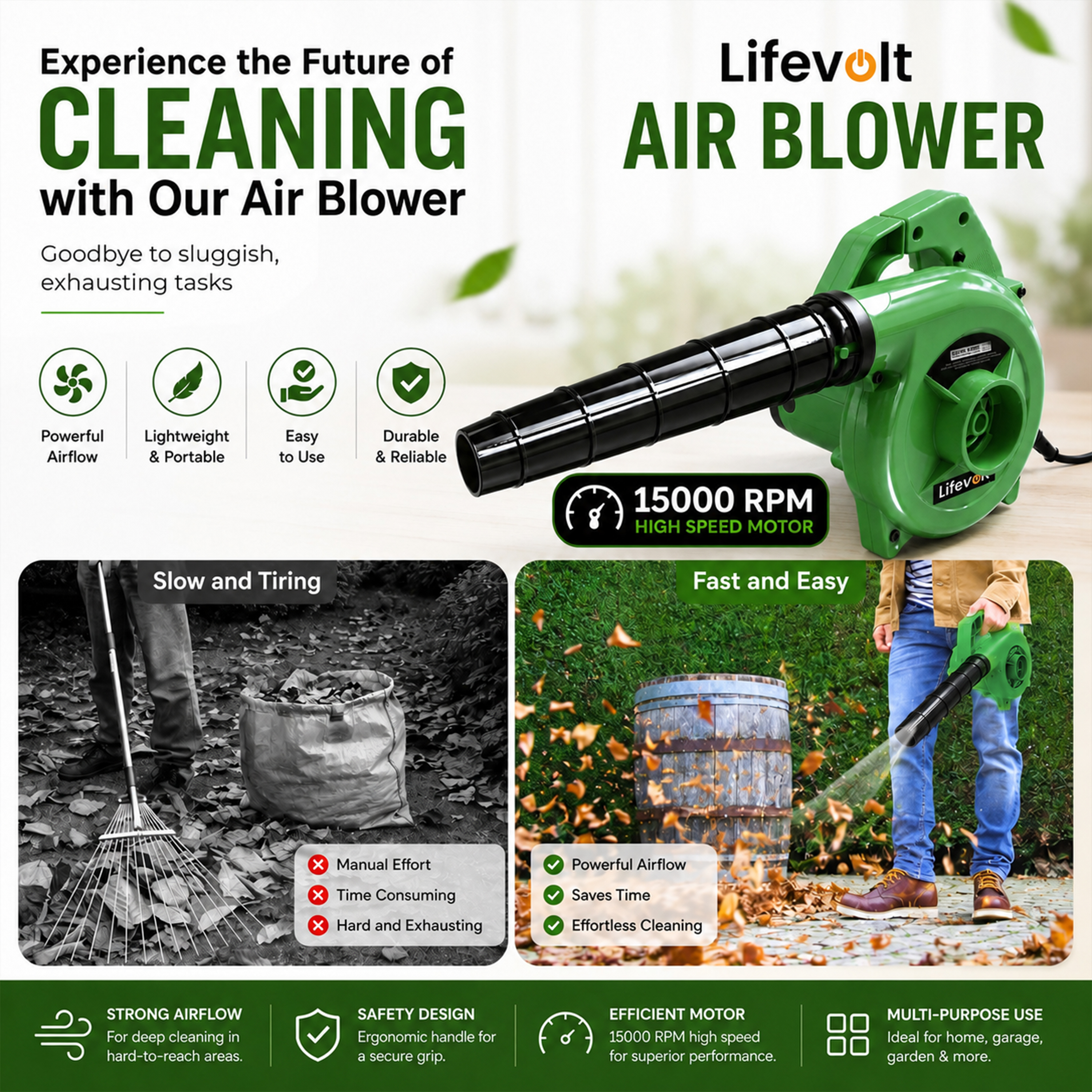 LIfevolt 600W Air Blower for Dust Cleaner for Home | 15000 RPM High-Speed Electric Air Blower with Copper Motor | Blower for Cleaning Home, Office, Car, Computer etc. | Portable Dust Cleaning Machine 6