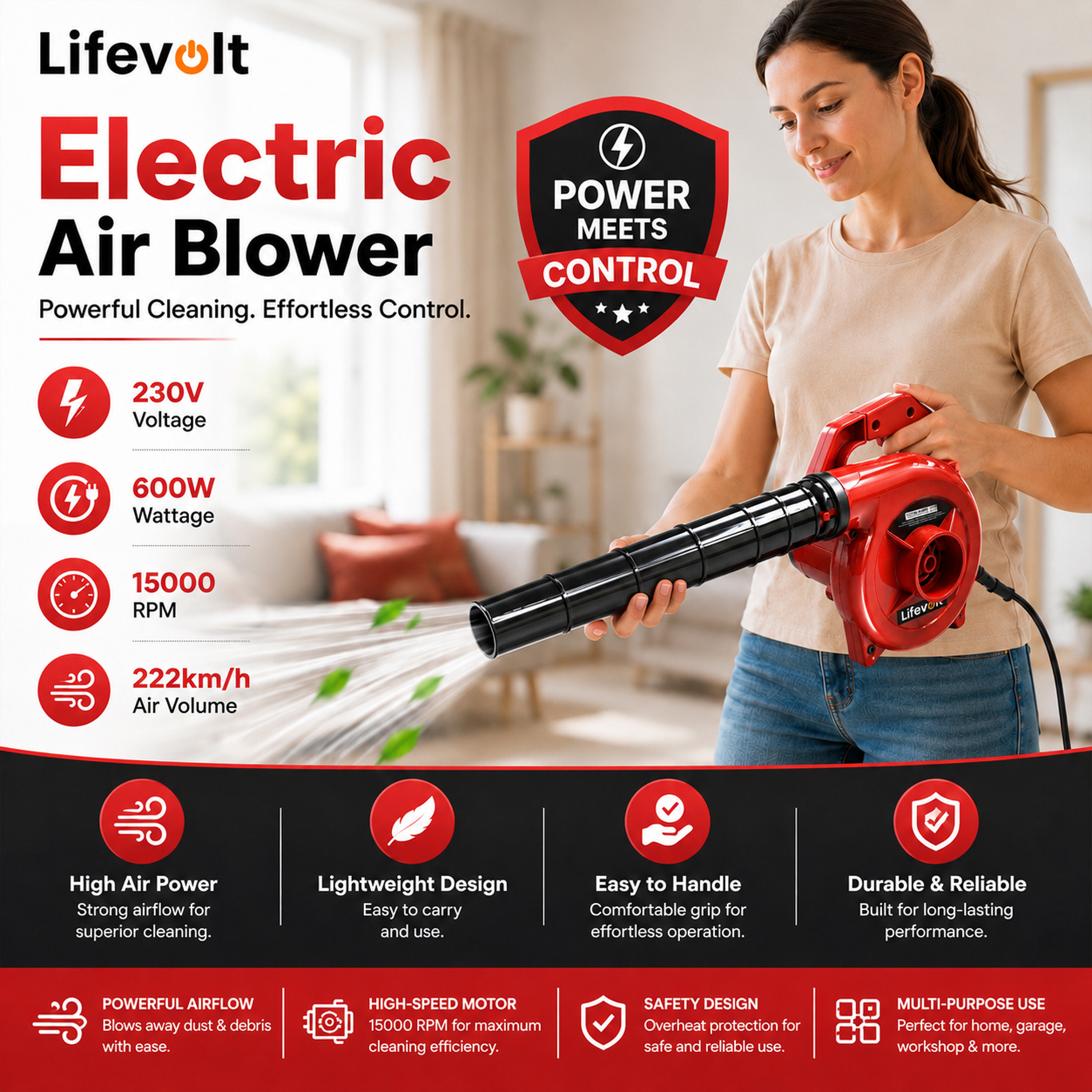LIfevolt 600W Air Blower for Dust Cleaner for Home | 15000 RPM High-Speed Electric Air Blower with Copper Motor | Blower for Cleaning Home, Office, Car, Computer etc. | Portable Dust Cleaning Machine 2