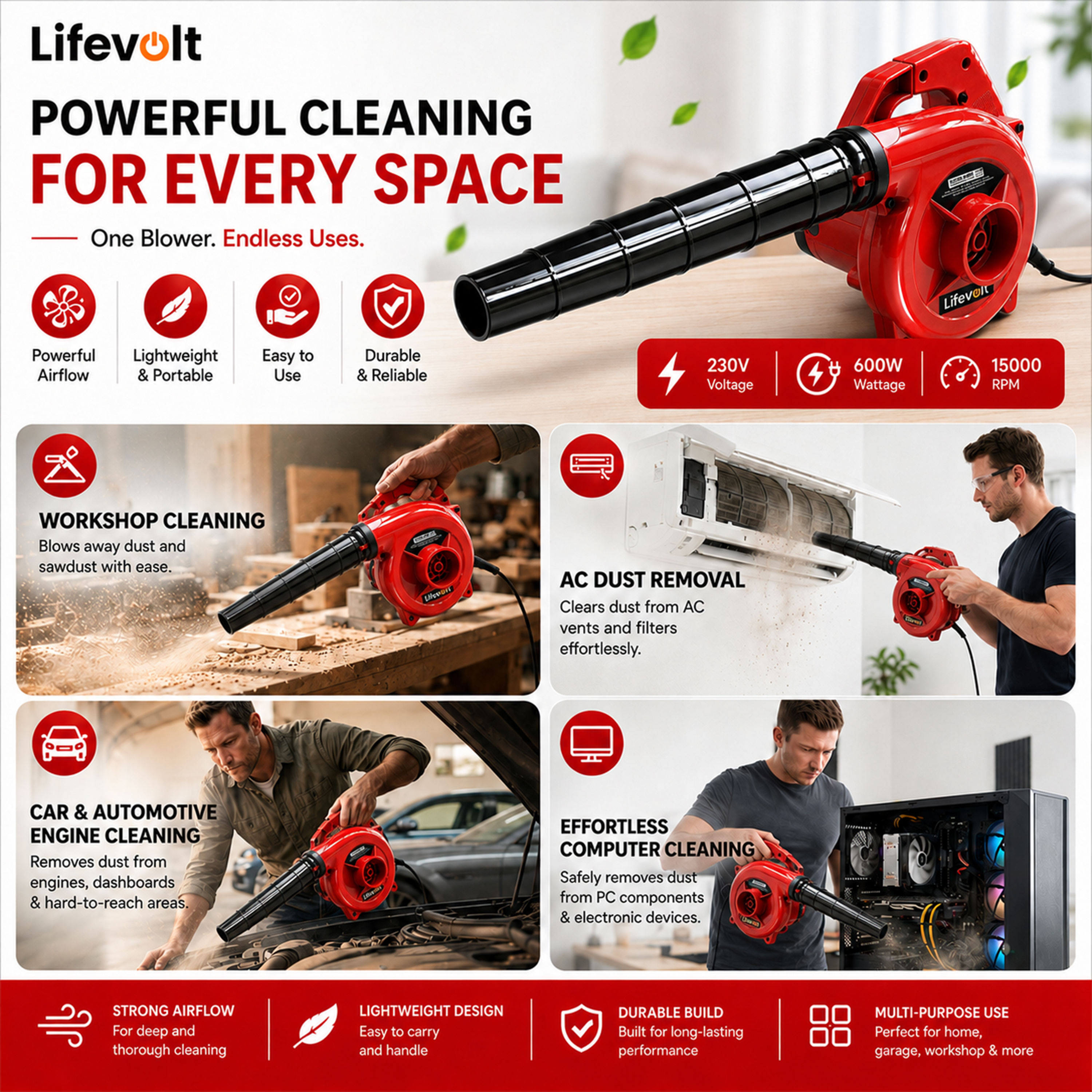 LIfevolt 600W Air Blower for Dust Cleaner for Home | 15000 RPM High-Speed Electric Air Blower with Copper Motor | Blower for Cleaning Home, Office, Car, Computer etc. | Portable Dust Cleaning Machine 4